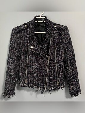Zara Navy Metallic Tweed Moto Jacket Frayed Hem Silver Zipper Pockets Size M